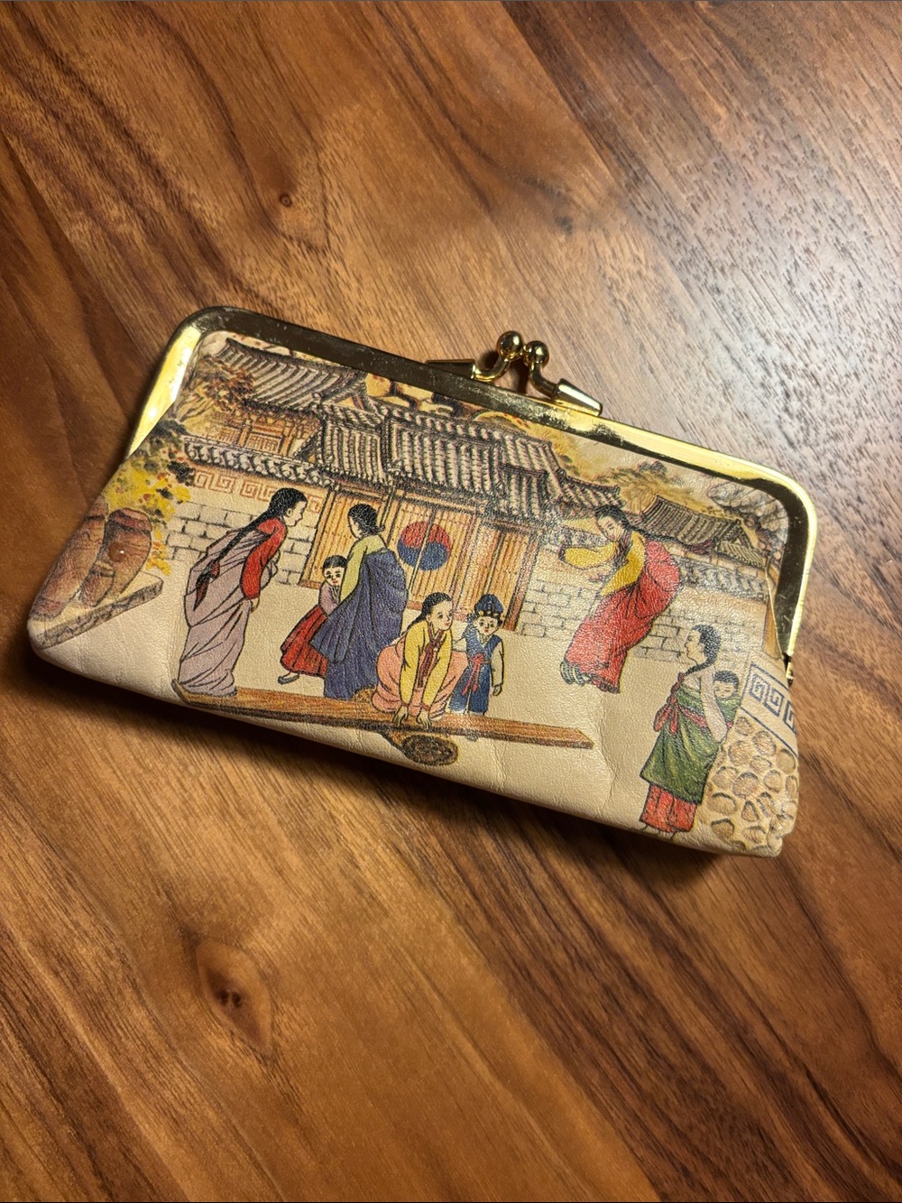 Vintage Korean leather double kiss-lock coin purse